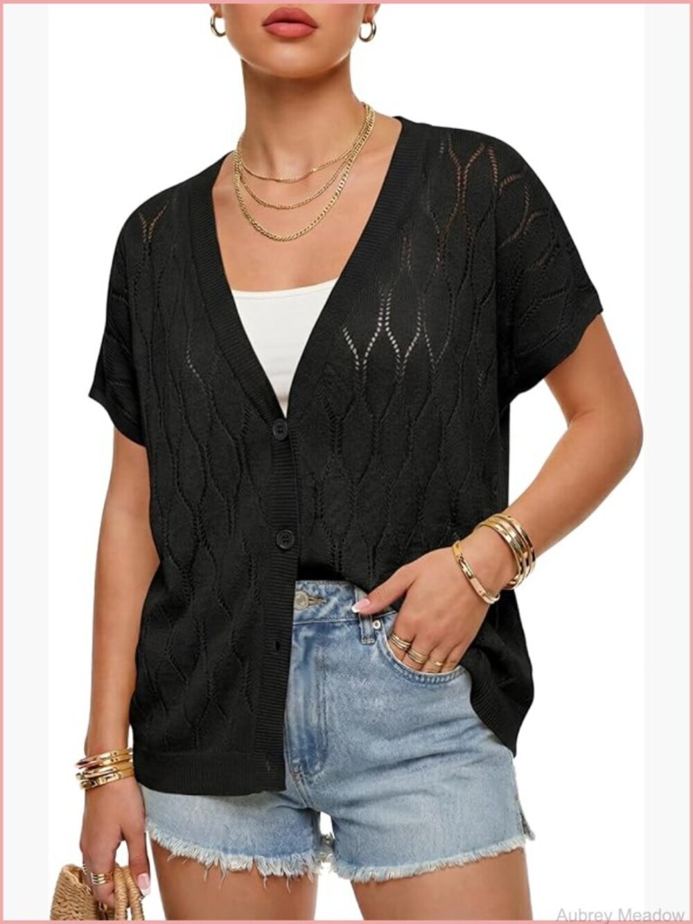 Oversized Knit Cardigan Swimsuit Cover Up Short Sleeve Button Beach Top